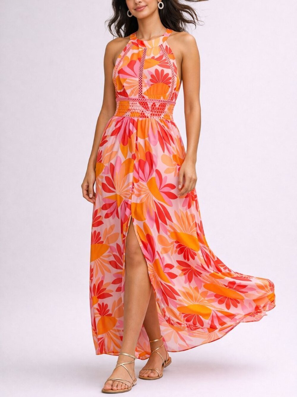 Floral Halter Maxi Dress Open Back Smocked Resort Vacation Dress XS
